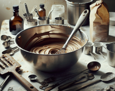 Viskositas adonan konfeksi kental di mangkuk baja, penting untuk kualitas akhir di dapur profesional.