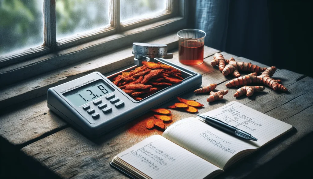 Calibrated water activity meter measuring vibrant dried turmeric root pieces on a quality control workspace.