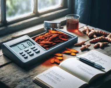 Calibrated water activity meter measuring vibrant dried turmeric root pieces on a quality control workspace.