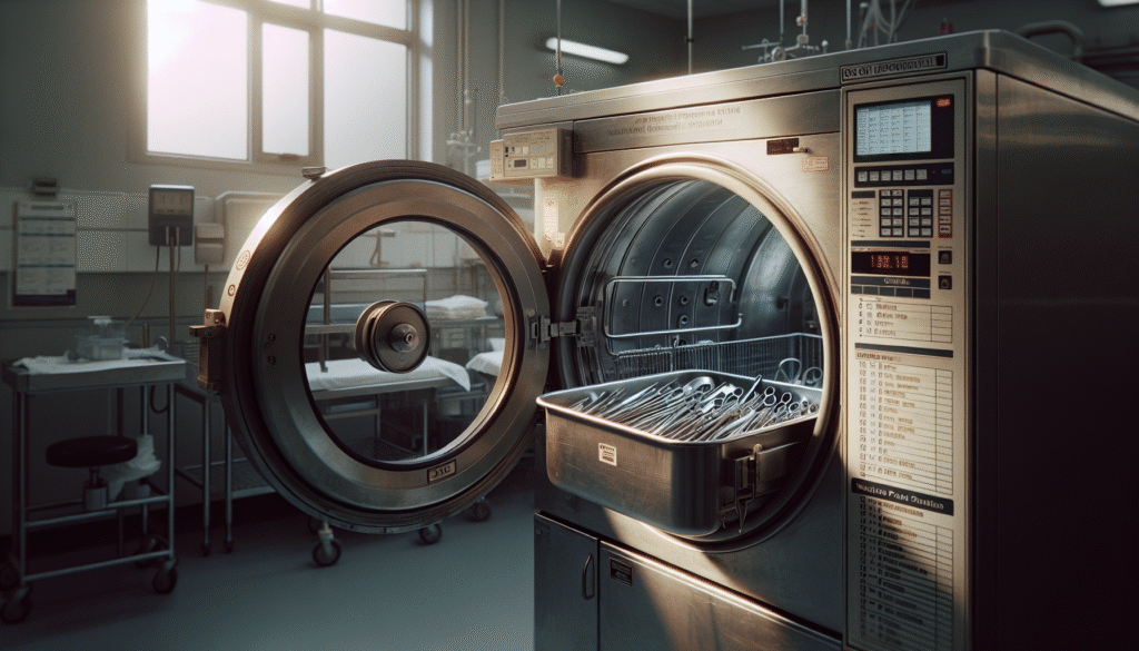 Validated autoclave sterilizing surgical instruments in a central sterile supply department, highlighting infection prevention strategies and healthcare equipment quality.