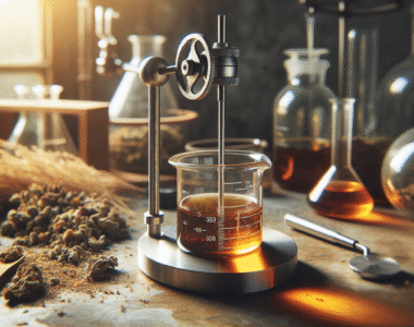 Rotational viscometer measuring an amber herbal extract's viscosity on a lab bench for herbal stability research.