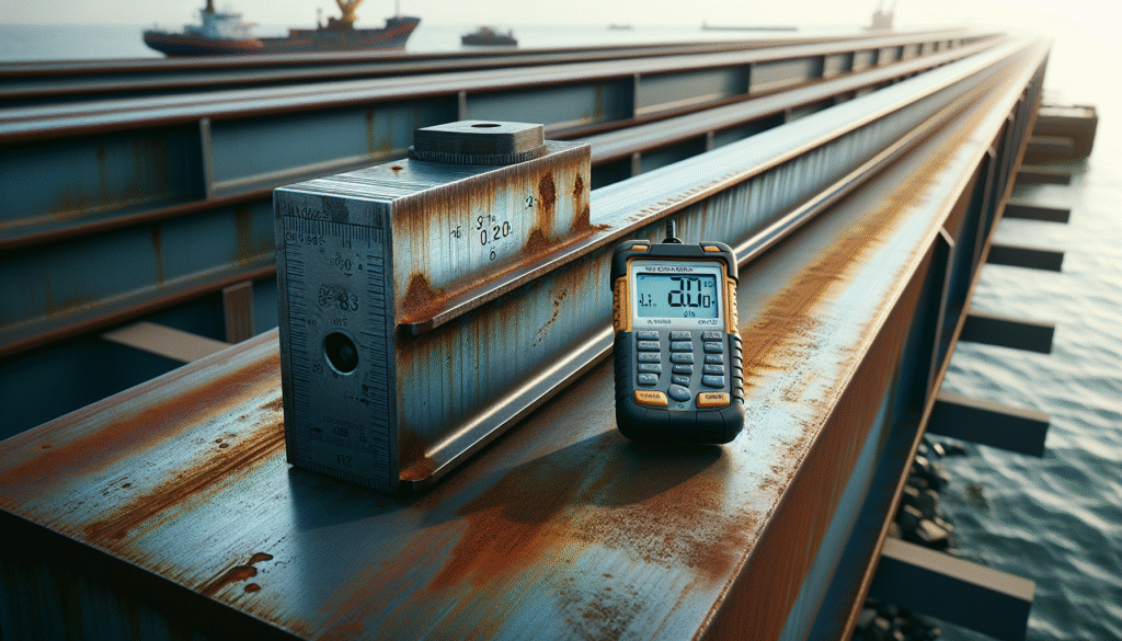 Weathered port infrastructure with a coating thickness meter, highlighting strategi perlindungan pelabuhan.