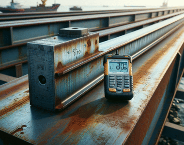Weathered port infrastructure with a coating thickness meter, highlighting strategi perlindungan pelabuhan.