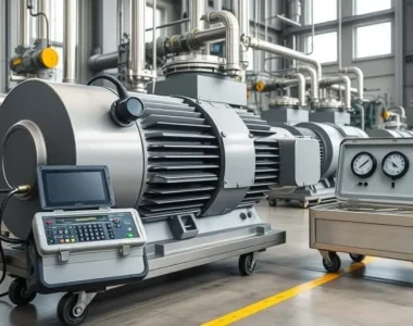 Vibration analyzer dan sensor akselerometer mengukur getaran motor industri di area instalasi air PLTA.