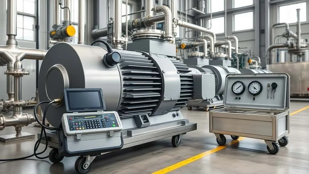 Vibration analyzer dan sensor akselerometer mengukur getaran motor industri di area instalasi air PLTA.