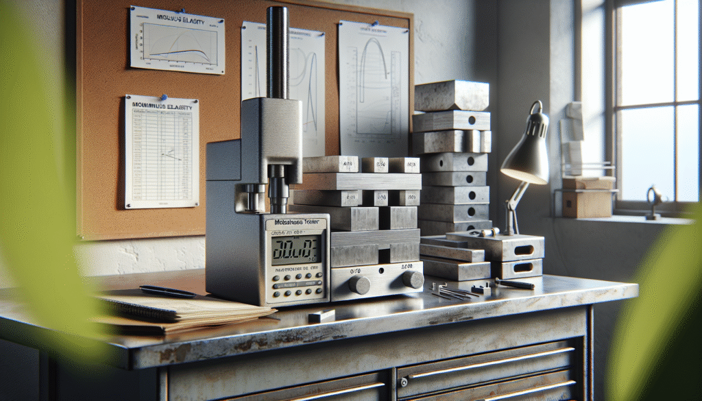 AMT216 hardness tester on a workbench with aluminum and steel calibration blocks and modulus elasticity diagrams for UCI testing.