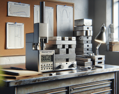 AMT216 hardness tester on a workbench with aluminum and steel calibration blocks and modulus elasticity diagrams for UCI testing.