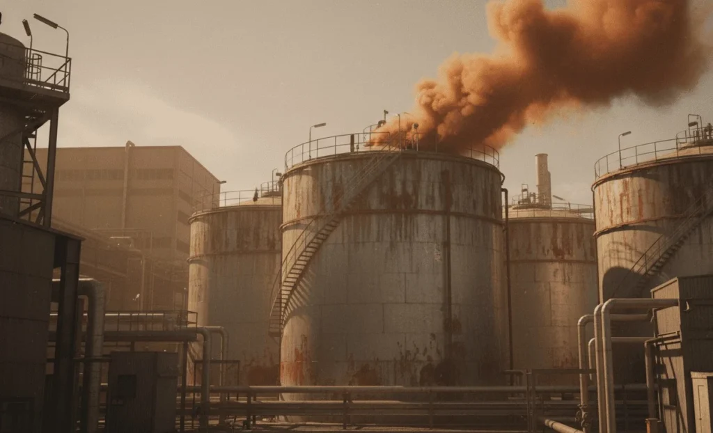Kondisi tangki penyimpanan industri kimia dengan pelepasan gas berbahaya, menunjukkan pentingnya evaluasi pengukuran udara ambien, emisi gas, dan dampak lingkungan.