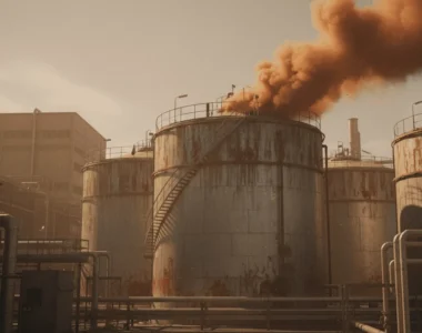 Kondisi tangki penyimpanan industri kimia dengan pelepasan gas berbahaya, menunjukkan pentingnya evaluasi pengukuran udara ambien, emisi gas, dan dampak lingkungan.