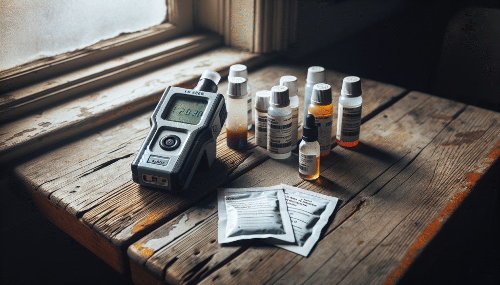 Breathalyzer and sample collection kits for blood, urine, and saliva tests arranged on a wooden table, illustrating practical and accurate alcohol testing methods.