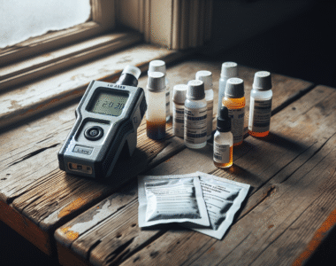 Breathalyzer and sample collection kits for blood, urine, and saliva tests arranged on a wooden table, illustrating practical and accurate alcohol testing methods.