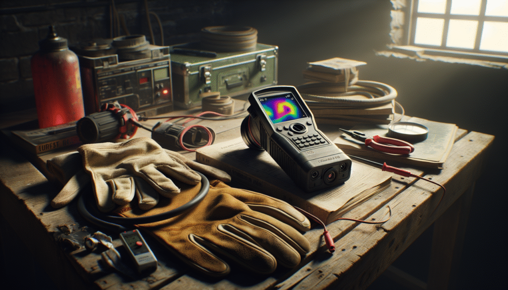 Professional electrical engineer's workspace after a factory fire inspection, featuring a thermal imaging camera and NFPA/IEC manuals for troubleshooting.