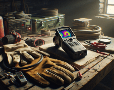 Professional electrical engineer's workspace after a factory fire inspection, featuring a thermal imaging camera and NFPA/IEC manuals for troubleshooting.