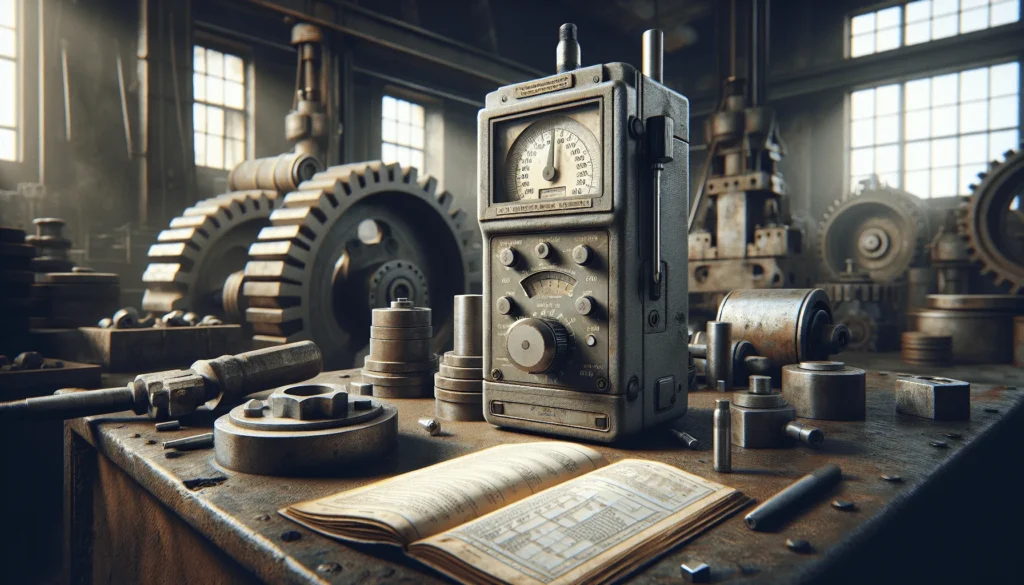 Weathered portable hardness tester on a scratched metal surface in a dim mining workshop, surrounded by worn tools and spare parts for heavy machinery maintenance.
