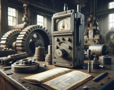 Weathered portable hardness tester on a scratched metal surface in a dim mining workshop, surrounded by worn tools and spare parts for heavy machinery maintenance.