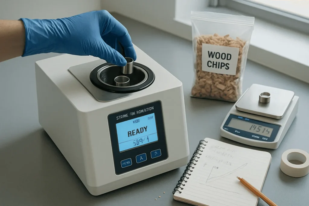 Teknisi laboratorium memasukkan sampel kayu ke dalam bom kalorimeter digital dengan buku catatan perhitungan dan timbangan presisi di meja kerja.