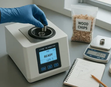 Teknisi laboratorium memasukkan sampel kayu ke dalam bom kalorimeter digital dengan buku catatan perhitungan dan timbangan presisi di meja kerja.
