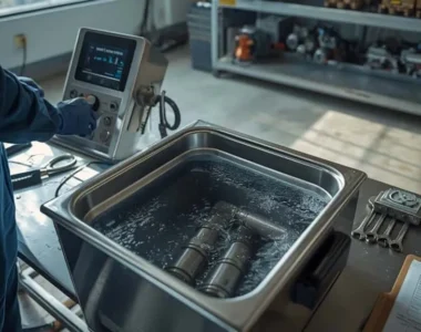 Teknisi memeriksa panel kontrol ultrasonic cleaner oilfield untuk inspeksi QC, dengan fitting pipa baja terendam dalam tangki pembersih presisi.