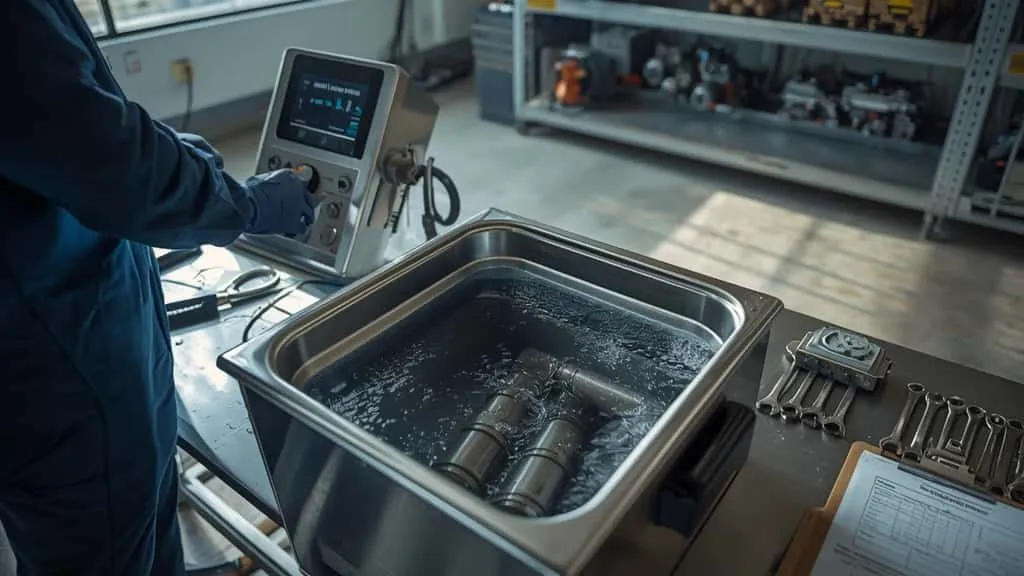 Teknisi memeriksa panel kontrol ultrasonic cleaner oilfield untuk inspeksi QC, dengan fitting pipa baja terendam dalam tangki pembersih presisi.