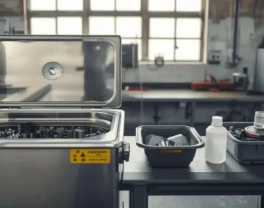 Perbandingan ultrasonic cleaner dan pembersihan manual untuk parts berminyak oilfield di meja kerja bengkel industri.