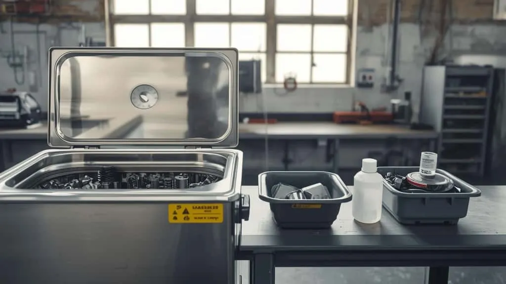 Perbandingan ultrasonic cleaner dan pembersihan manual untuk parts berminyak oilfield di meja kerja bengkel industri.