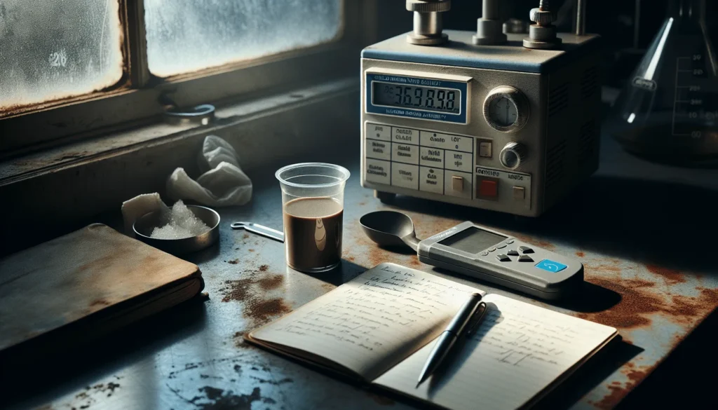 Validasi water activity coconut sauce manis using a chilled mirror dew point meter on a worn laboratory benchtop with notebook
