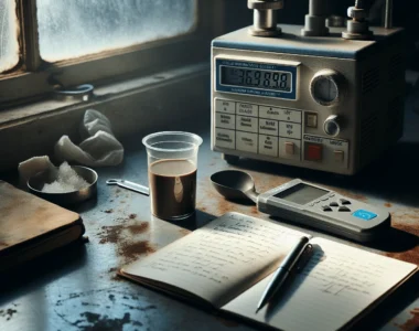 Validasi water activity coconut sauce manis using a chilled mirror dew point meter on a worn laboratory benchtop with notebook