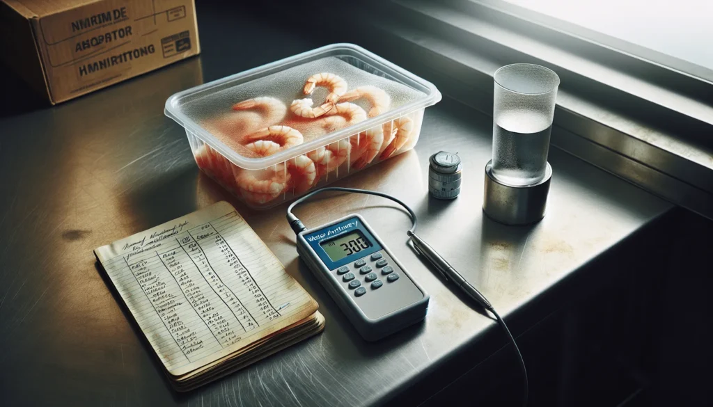 Close-up of a water activity meter and frozen shrimp container on a lab countertop for step-by-step validation guide.