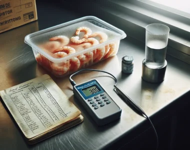 Close-up of a water activity meter and frozen shrimp container on a lab countertop for step-by-step validation guide.