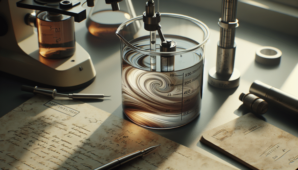 Viscometer measuring viscous liquid in a lab, with notebook for chemical quality and stability.