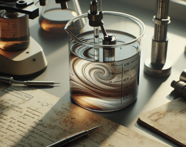 Viscometer measuring viscous liquid in a lab, with notebook for chemical quality and stability.