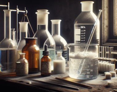 Profesional workspace with thick detergent liquid being formulated in a beaker, surrounded by raw materials and thickeners.