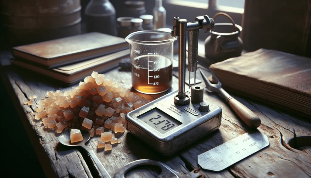 Water activity meter measuring coconut sugar caking with beaker of coconut aminos on workshop bench