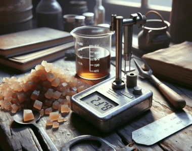 Water activity meter measuring coconut sugar caking with beaker of coconut aminos on workshop bench