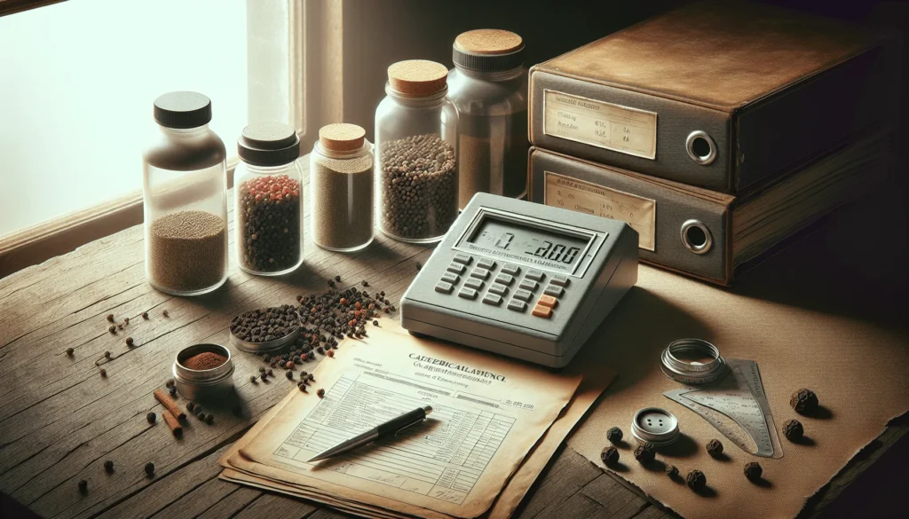 Water activity meter measuring spices on a quality control desk for FSSC22000 certification.