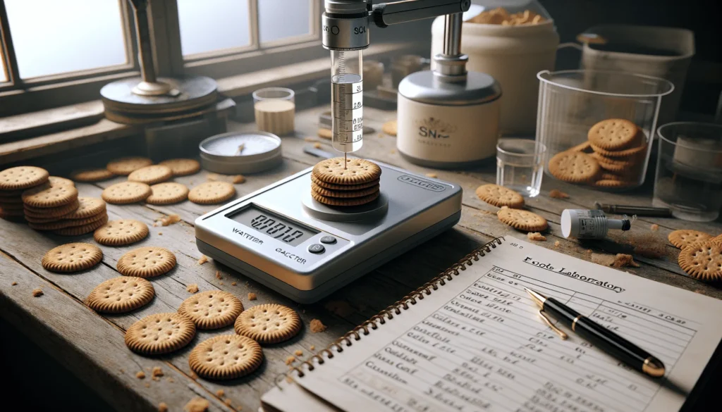 Close-up of a water activity meter analyzing a biscuit sample in a professional food quality control laboratory.