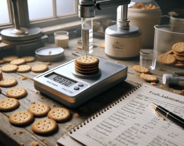 Close-up of a water activity meter analyzing a biscuit sample in a professional food quality control laboratory.