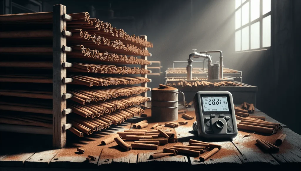 Close-up of cinnamon sticks on a wooden drying rack with a digital water activity meter, illustrating the wood drying process for cinnamon.