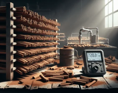 Close-up of cinnamon sticks on a wooden drying rack with a digital water activity meter, illustrating the wood drying process for cinnamon.