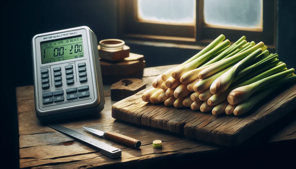 Fresh lemongrass stalks on a cutting board with a water activity meter showing a precise measurement in a food quality lab.