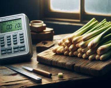 Fresh lemongrass stalks on a cutting board with a water activity meter showing a precise measurement in a food quality lab.