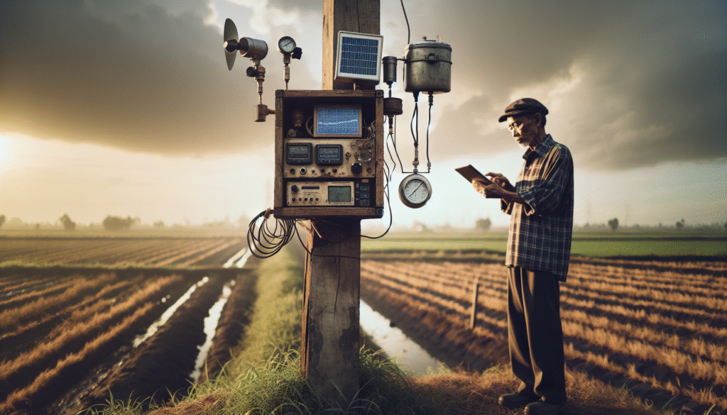 A weathered local weather station on a wooden post in a field, with a farmer checking weather data on a tablet, illustrating why local stations provide more accurate data.