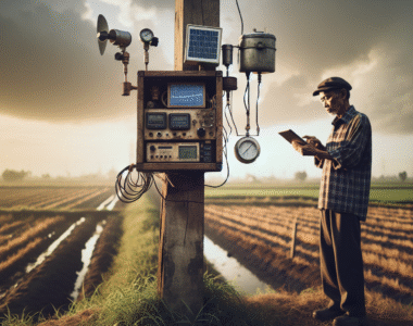 A weathered local weather station on a wooden post in a field, with a farmer checking weather data on a tablet, illustrating why local stations provide more accurate data.