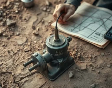 Teknisi menyesuaikan kabel pada inclinometer di tanah retak, dengan peta topografi dan GPS di latar belakang untuk mitigasi zona gempa Palu.