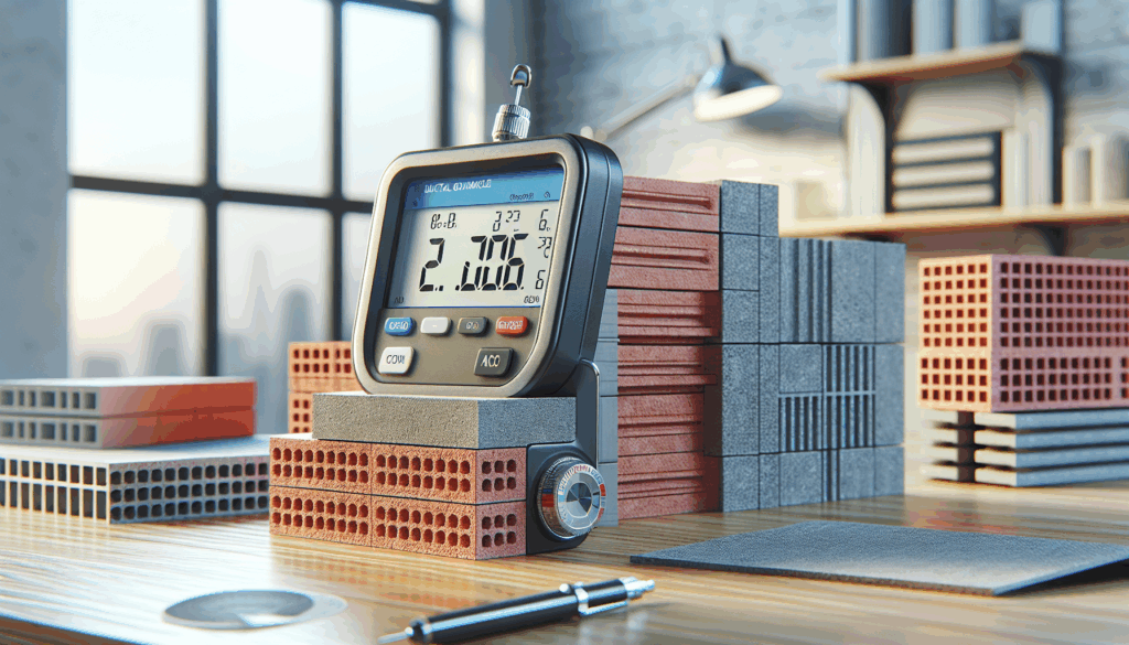 Digital gauge measuring material for walls and cladding, with bricks and panels, highlighting thickness standards.