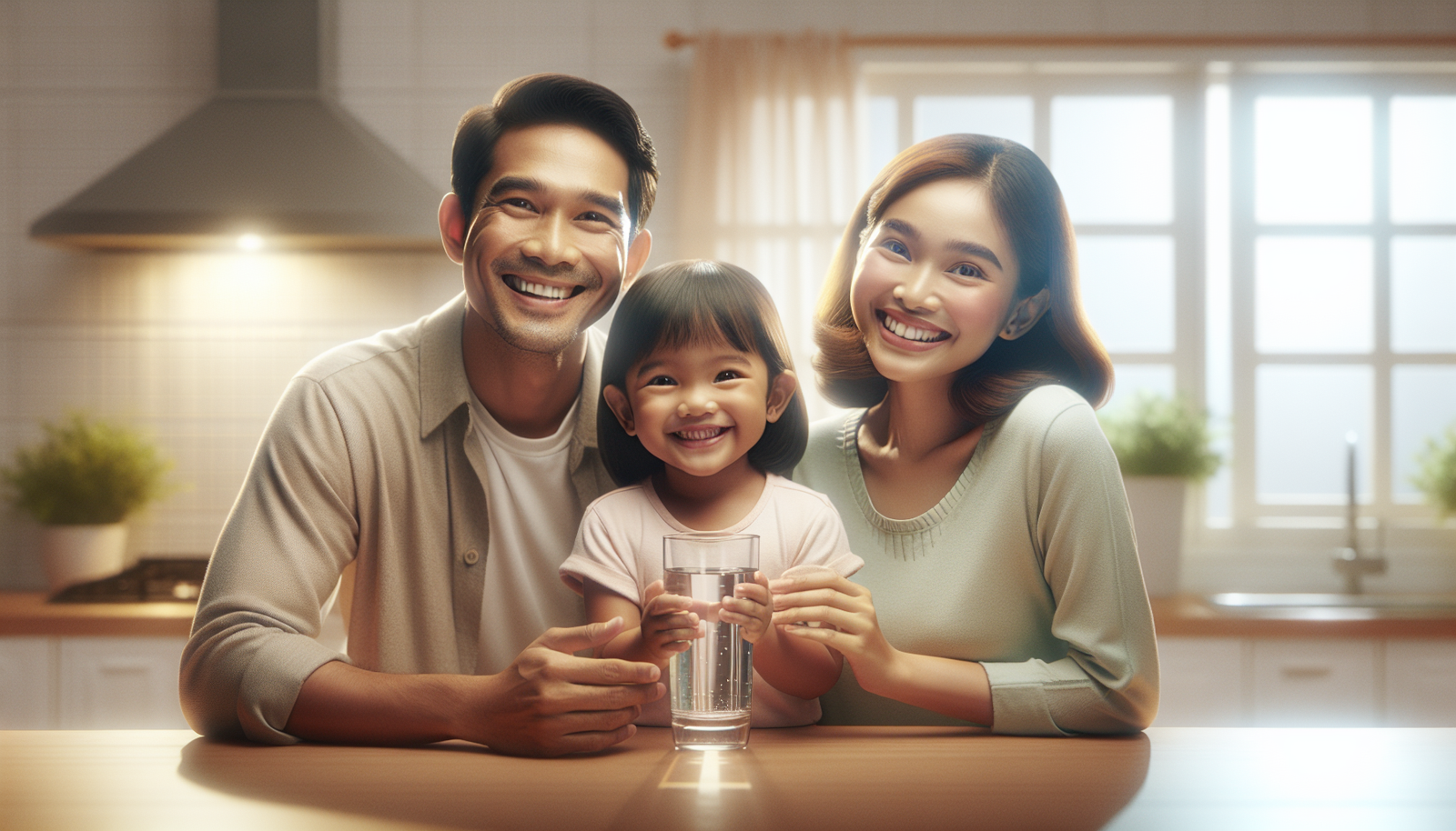 Keamanan Air untuk Keluarga Tercinta Keluarga Indonesia yang bahagia melihat segelas air jernih, simbol keamanan air untuk keluarga.