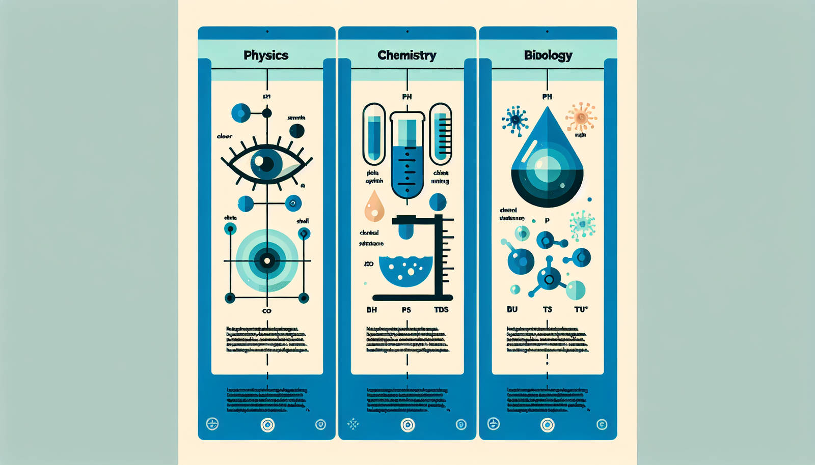 Tiga Parameter Utama Uji Kualitas Air Infografis yang menjelaskan tiga parameter utama uji kualitas air: Fisika, Kimia, dan Biologi.