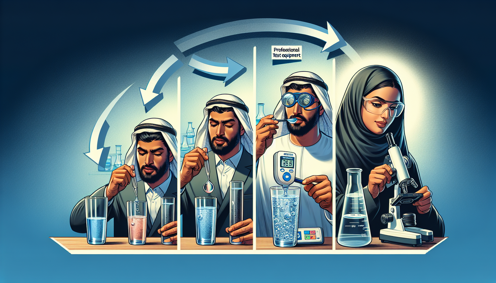 Tiga Level Diagnosis Kualitas Air Ilustrasi tiga level diagnosis kualitas air: Uji Sensorik, Alat Tes DIY, dan Uji Laboratorium profesional.