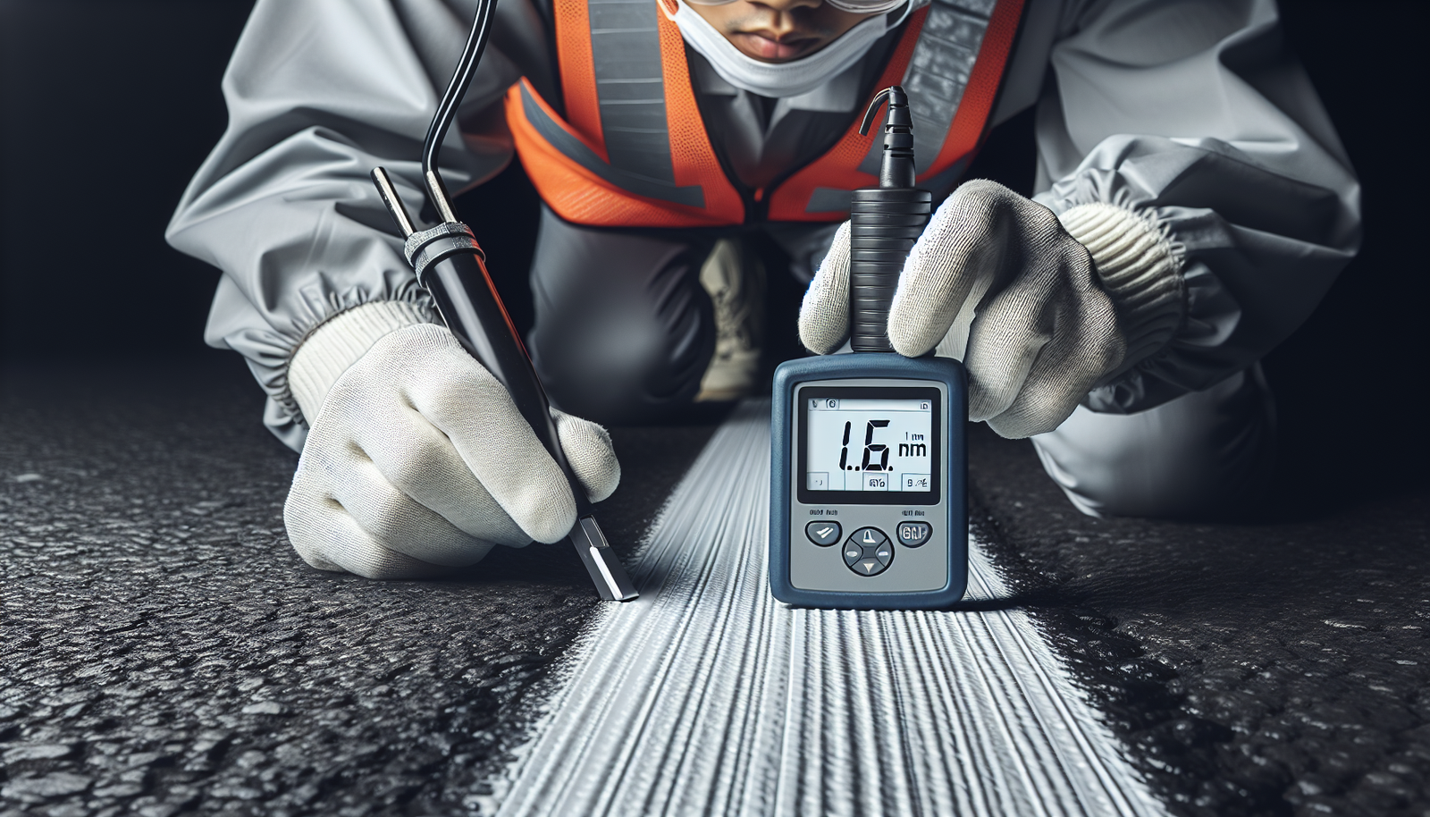 Precise Measurement for SNI Compliance A close-up of a professional using a digital coating thickness gauge to measure a new white road marking, ensuring compliance with SNI standards.