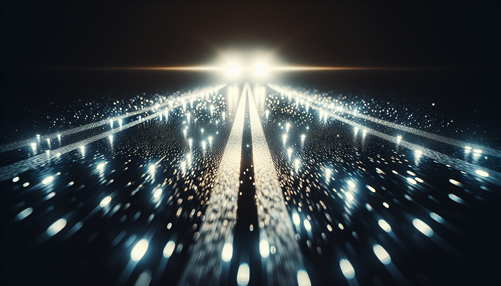 The Power of Retroreflectivity at Night A driver's view of a road at night, where the headlights illuminate the road markings, which glow brightly due to retroreflective glass beads.